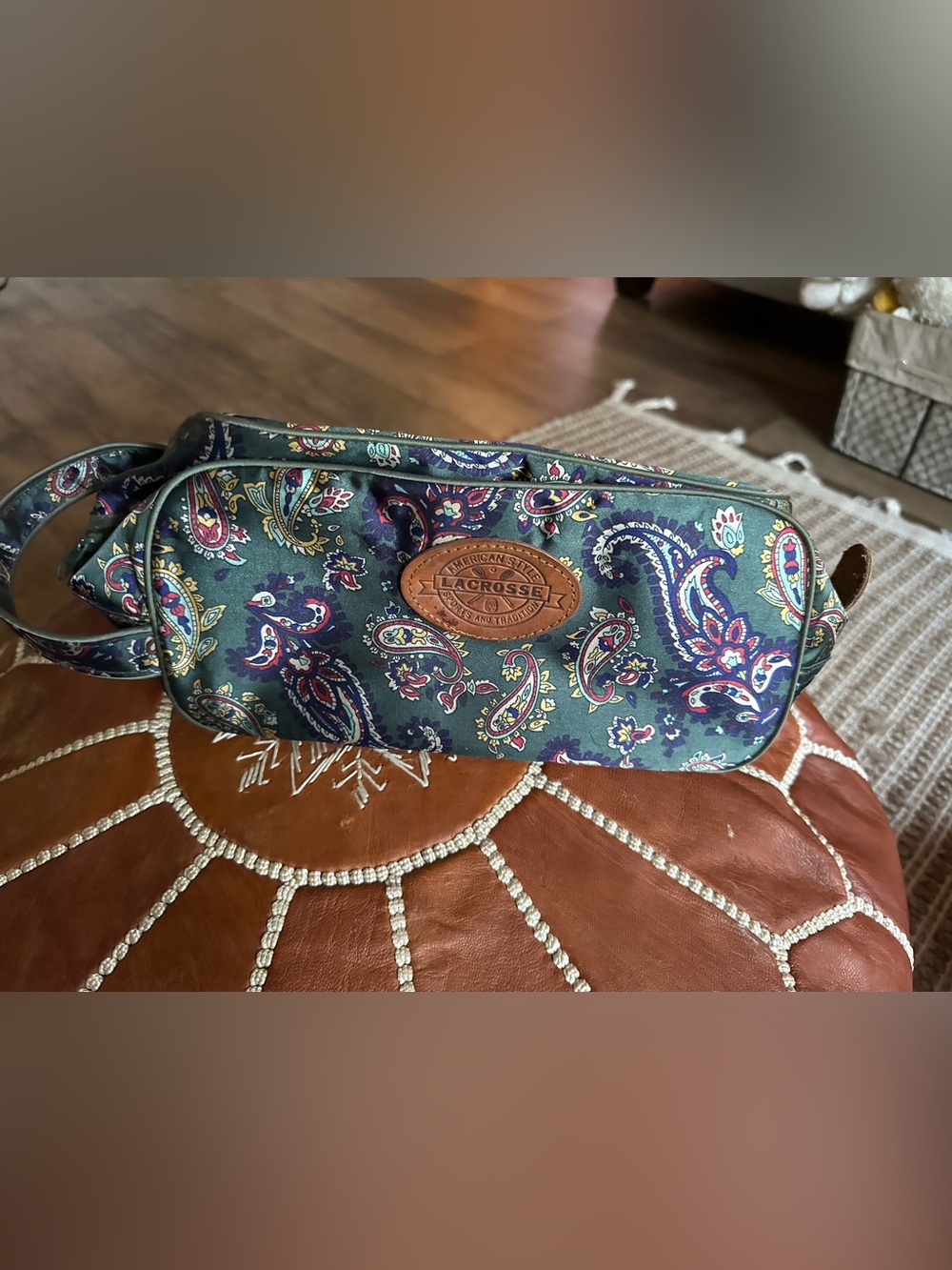 Vintage Lacrosse Green Navy Paisley Cosmetic Wristlet with Leather Logo